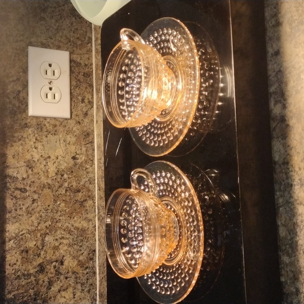 Pink Depression Glass Teacups and Saucers